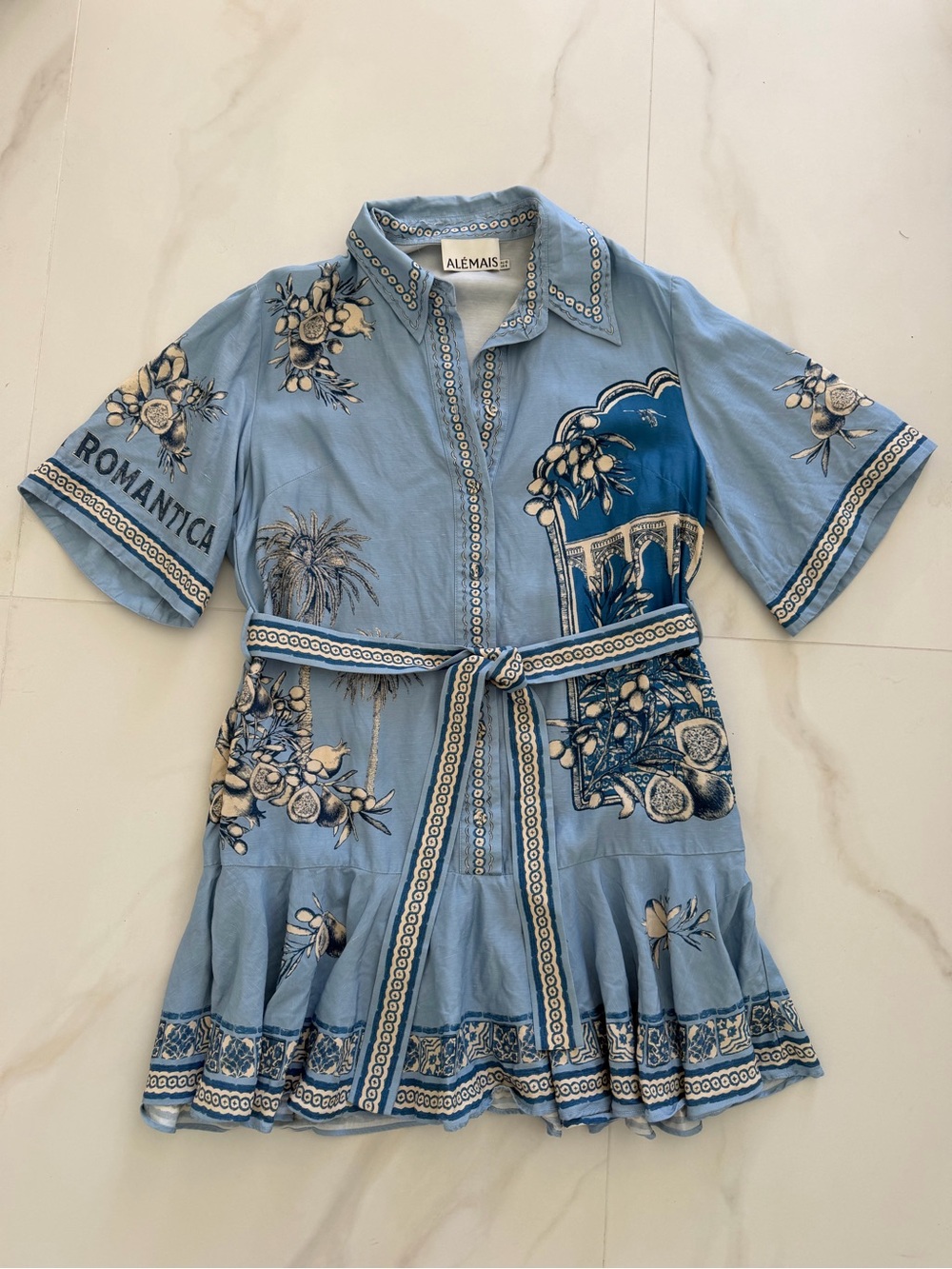 Alemais Villa Romantica Linen Blend Mini Shirt Dress Blue Size US 6/AUS 10